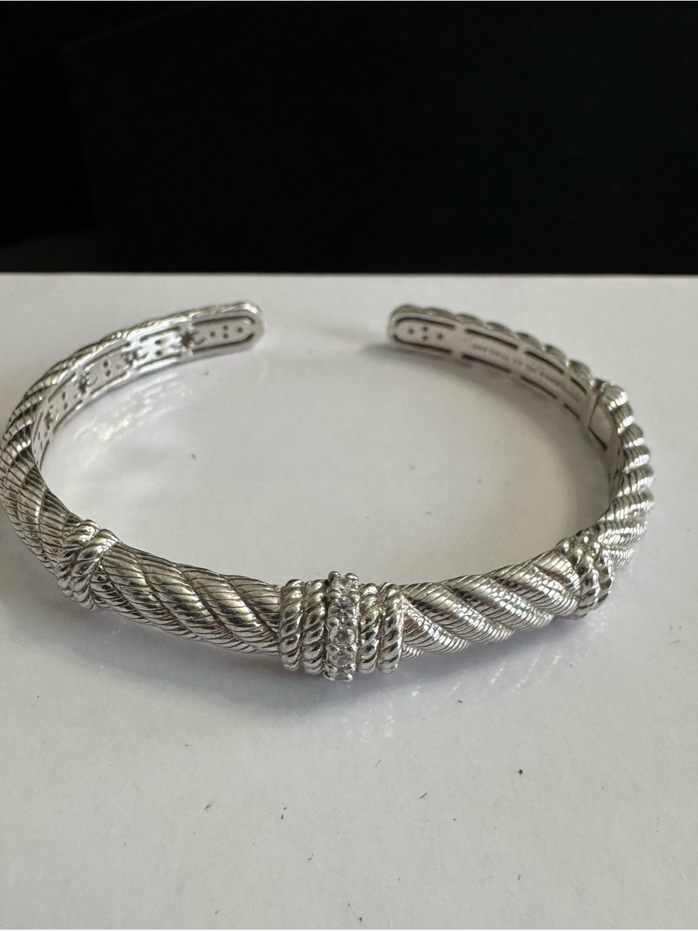 Judith Ripka 925 Silver Textured Rope Cuff Bracelet w/Clear CZ Diamonique Center